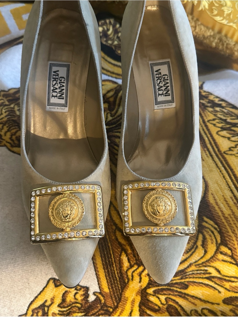 Versace Women's Champagne Pointed-Toe Heels with Embellished Medallion; Sz 38.5